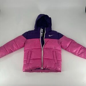 Nike Kids Pink Purple Colorblock Puffer Jacket Fleece Lined Hooded Size 6 5-6Y